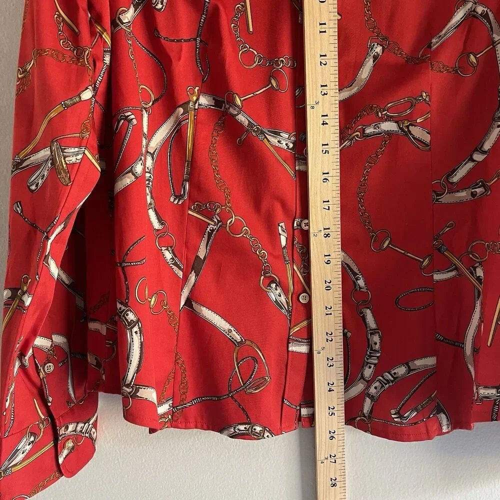 Talbots Top Plus Size 14 Womens Shirt Chains Versace Style Red Gold Print Button - Picture 7 of 10